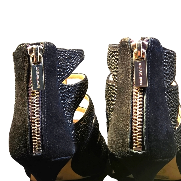 MICHAEL Michael Kors Woman's Mavis Open Toe Black Suede Heel Sandals w/ Crystals - Picture 5 of 13
